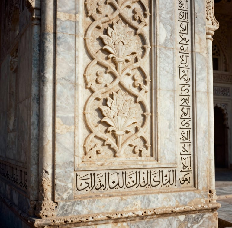 Intimate macro shot of intricate Mughal floral carvings and Persian calligraphy inlaid in white marble, weathered stone textures, high-contrast side lighting, 35mm film