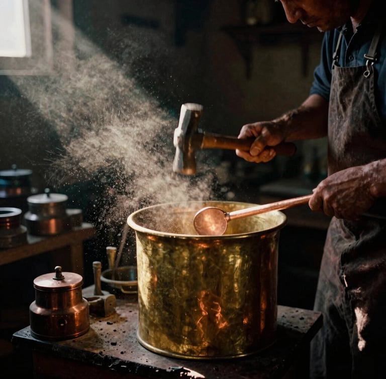 A copper-smith hammering a large brass vessel in a tiny, dark workshop, shafts of golden dusty light illuminating the metallic glint and floating dust particles, 35mm film.