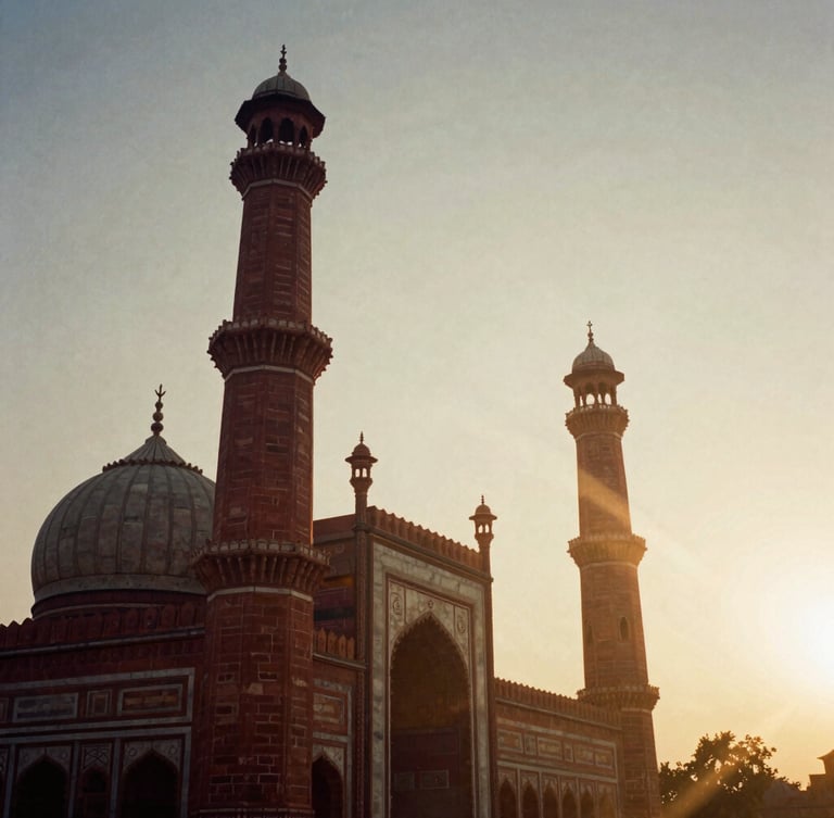 Low-angle 35mm film shot of the towering red sandstone minarets of Jama Masjid against a dramatic golden hour sky, dusty shafts of light, architectural grandeur