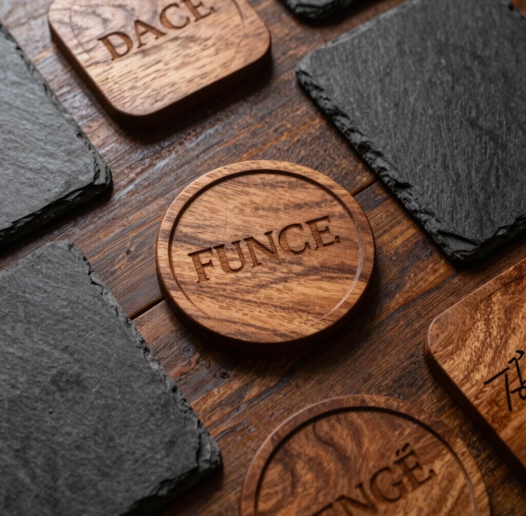 Overhead flat-lay of custom engraved wooden coasters and slate plates on a rustic workshop table, warm side-lighting, rich textures