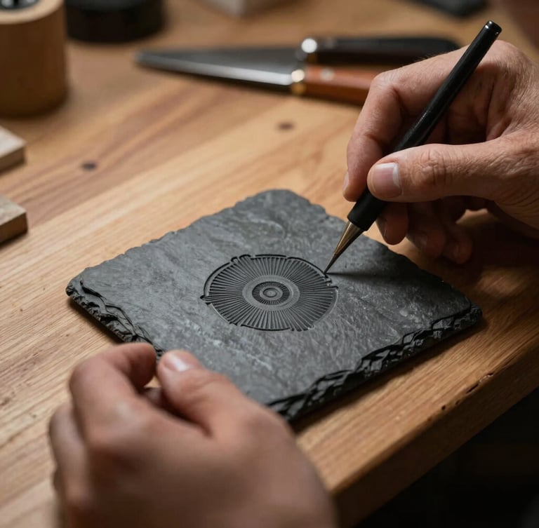 Hands of a French craftsman inspecting a finished laser-engraved slate coaster, warm workshop lighting, dramatic side-light, rich textures, 50mm lens