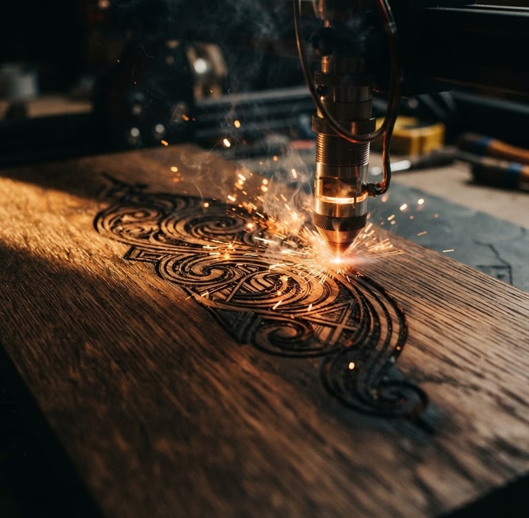 Close-up of laser engraving in progress with visible sparks on dark oak wood, warm dramatic side-lighting, shallow depth of field, 50mm lens
