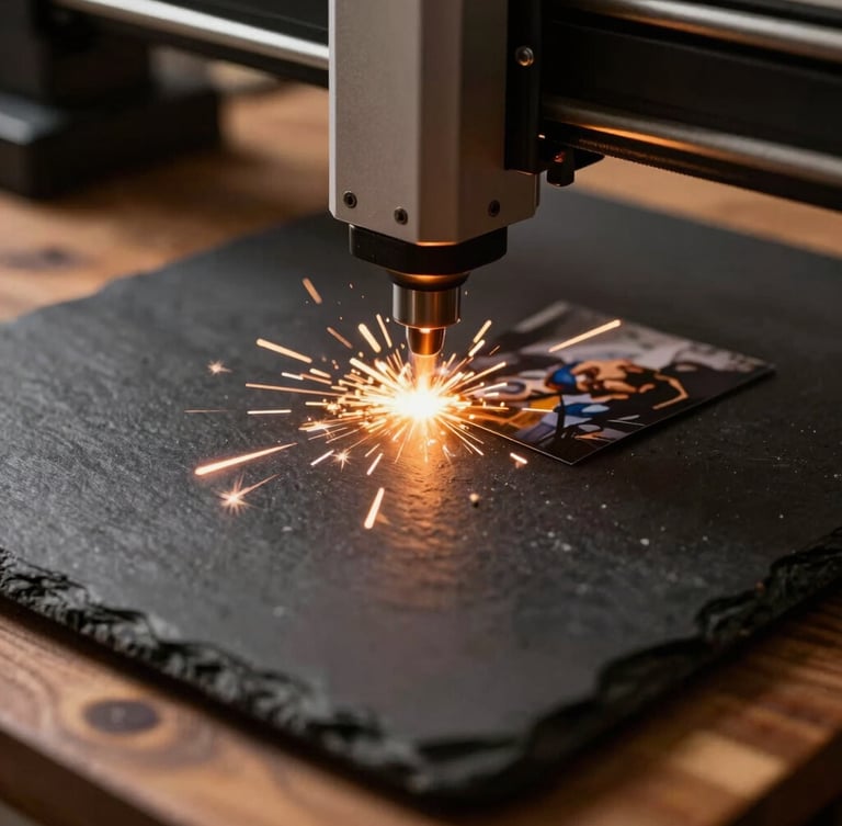 Close-up of a laser engraving machine beam carving a photo onto a dark slate plate, bright sparks, warm dramatic side-lighting