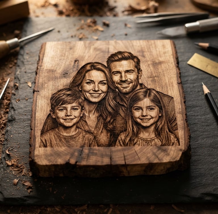 Overhead macro shot of a laser-engraved wooden family portrait, warm workshop lighting, high texture detail, shallow depth of field