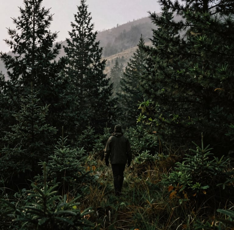 A hunter's silhouette walking through early morning mountain mist, dark pine trees in the background, low-key natural light