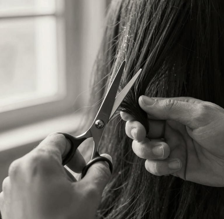 Crisp close-up of hands, precise and steady, executing a detailed hair cut with professional shears, hair texture visible, soft directional window light, high-contrast monochrome with warm undertones, shallow depth of field.