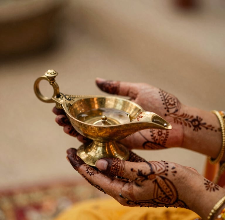 Close-up of hands decorated with intricate henna holding a ceremonial brass lamp, soft warm lighting, shallow depth of field.