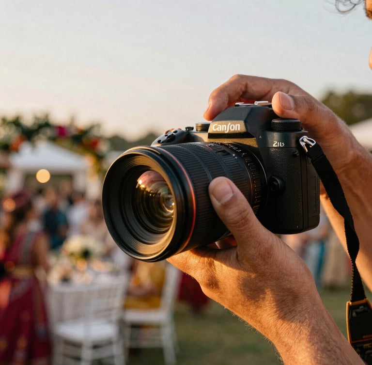 Close-up of a professional camera held by a photographer, warm golden-hour light reflecting off the lens, soft-focus background of a festive outdoor wedding venue.