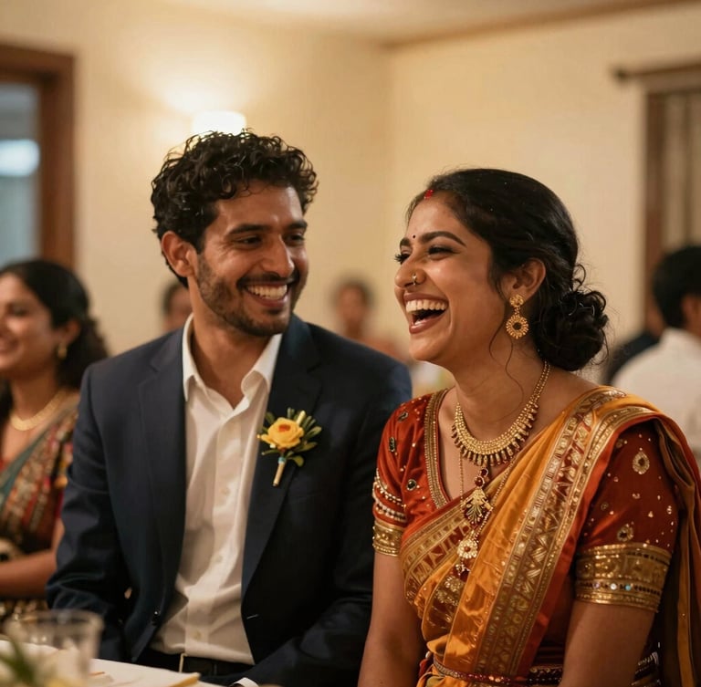 A candid moment of a couple laughing during their reception, warm ambient indoor light, shallow depth of field, natural expressions.