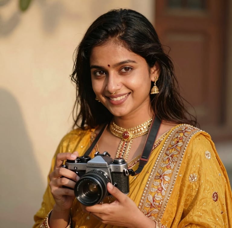A warm, welcoming portrait of a South Asian photographer in elegant attire, smiling gently, holding a vintage camera, soft natural side lighting, editorial aesthetic