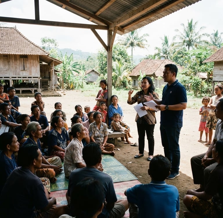 Wide environmental shot of Indonesian community advocates meeting with local citizens under high-contrast natural daylight, authentic documentary style.