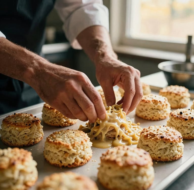 Portrait of a chef's hands carefully plating a dish of scratch-made biscuits and gravy, warm kitchen light, shallow depth of field, 35mm film look, focus on the hands and food.