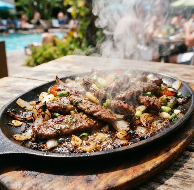 Close-up of sizzling beef on a hot iron plate with caramelized onions, steam rising, warm rustic wooden table background, vibrant outdoor lighting, 35mm