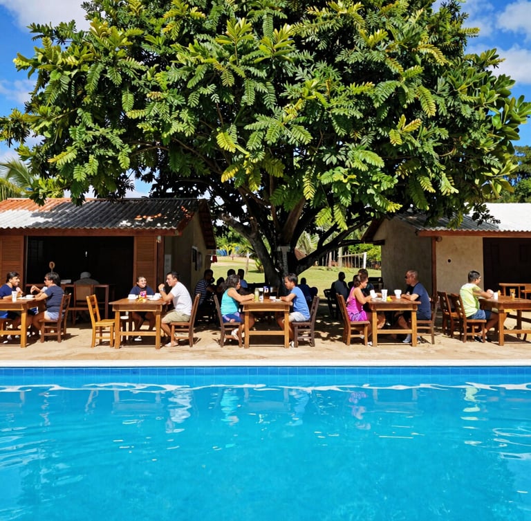 Wide environmental shot of a rustic open-air restaurant under tall green trees, wooden tables, families laughing, bright sunny day, Bahia countryside, 35mm
