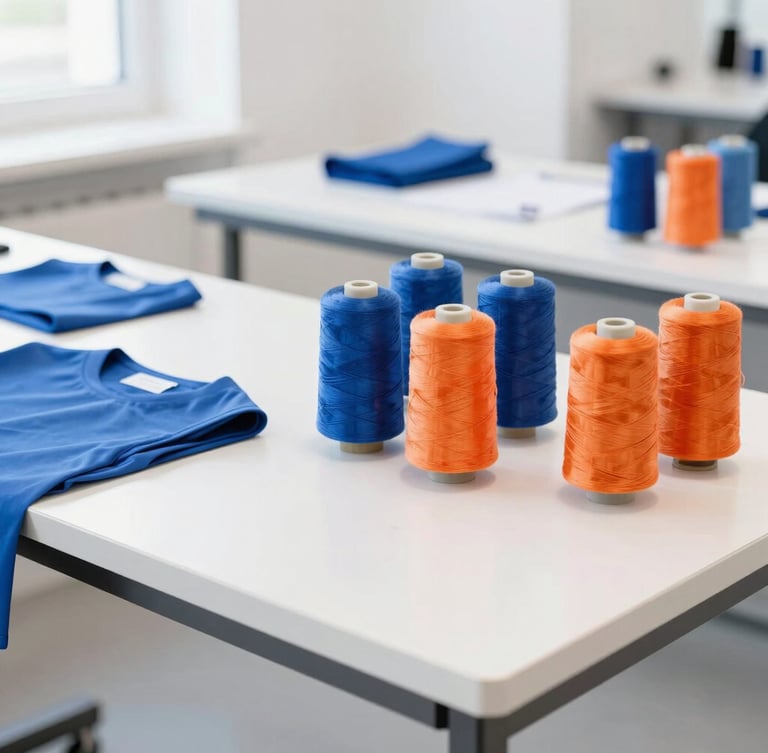 Bright, high-exposure photo of a modern, organized uniform tailoring workshop with clean worktables and organized spools of royal blue and safety orange thread, natural daylight.
