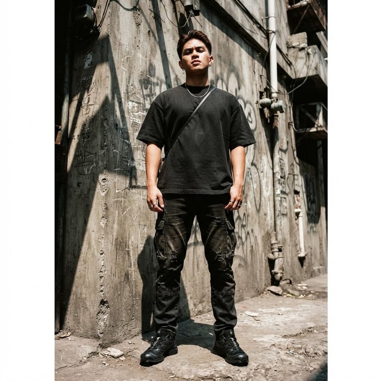 Gritty editorial streetwear photography, low-angle shot of a model wearing a heavy-weight boxy black t-shirt against a raw concrete Manila wall, harsh midday sunlight, deep shadows, 35mm film grain.