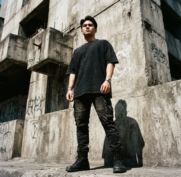 Low-angle heroic shot of a model standing against a raw concrete brutalist wall in Manila, wearing a heavy-drape black t-shirt, harsh midday sunlight, sharp shadows, 35mm film grain.