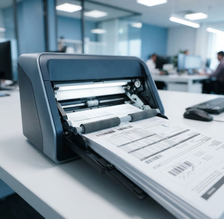 Macro shot of a high-speed document scanner in a bright, modern office, cool blue tones, sharp focus on structured paperwork feeding into the scanner