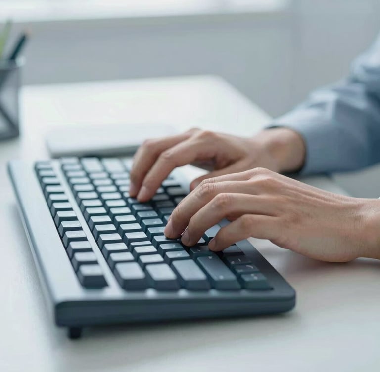 Close-up of hands typing on a mechanical keyboard in a bright, clean, neutral office environment, cool blue tones, sharp focus