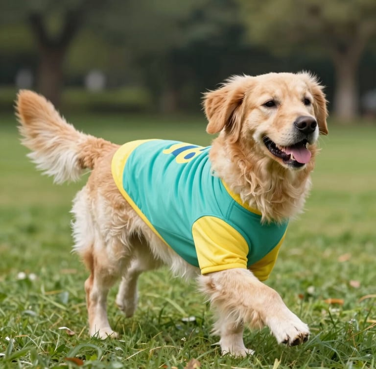 A happy golden retriever running joyfully in a sunny park wearing a colorful teal and yellow handcrafted shirt, bright natural daylight, vibrant lifestyle pet photography, shallow depth of field