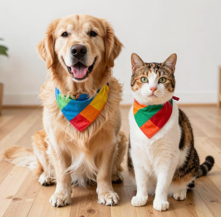 A joyful golden retriever and a calico cat sitting together on a bright wooden floor, wearing matching colorful handcrafted bandanas, warm natural morning light, eye-level shot