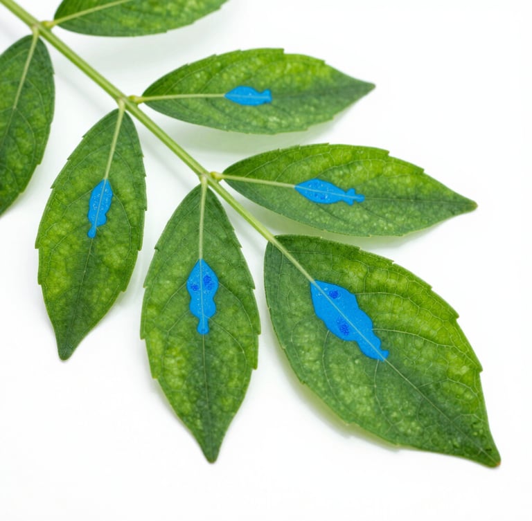 Crisp high-key studio photograph of green plant leaves under a microscope, vibrant electric blue chemical tracer highlighting cellular pathways, clean white background, ultra-sharp focus.