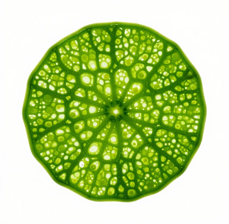 High-key studio photography of vibrant green plant cellular structure under a microscope, bright white background, ultra-sharp focus, clinical aesthetic