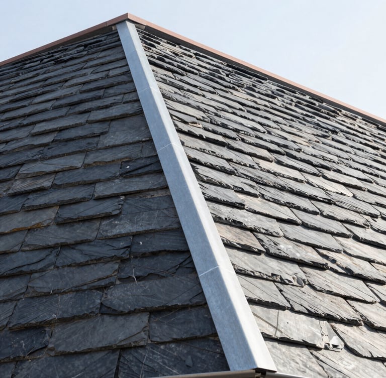 Low-angle architectural shot of a modern slate roof with clean zinc seams against a bright daylight sky, sharp details, high contrast