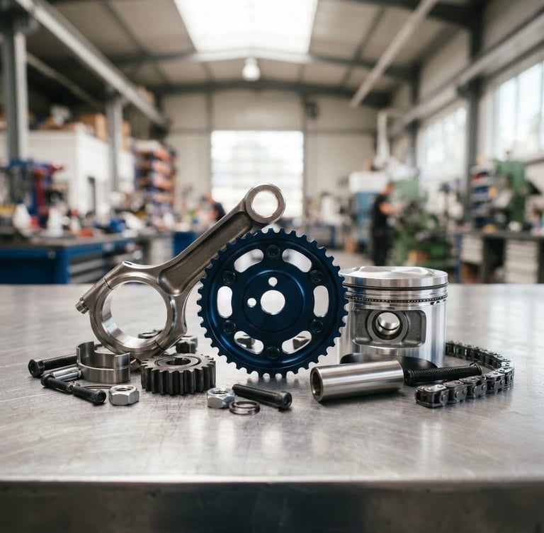 Close-up of pristine metallic engine components on a clean steel workbench, bright natural warehouse light, sharp focus, 35mm