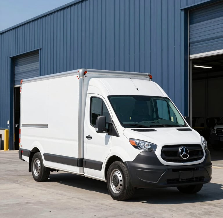 A clean white delivery vehicle parked outside a modern commercial warehouse in Jerome Idaho, bright natural daylight, crisp focus, 35mm