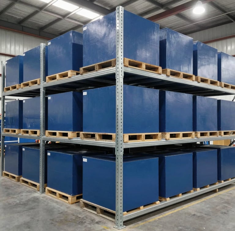 Wide shot of organized warehouse racking with clean blue and steel parts boxes, bright industrial overhead lighting, 35mm