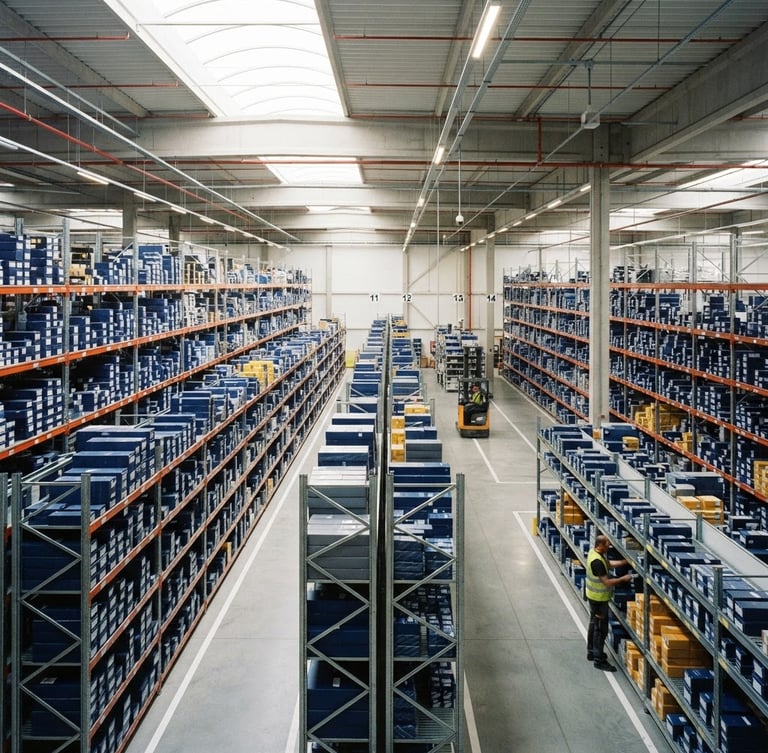 Wide environmental shot of organized warehouse racking filled with pristine boxed automotive components, bright natural daylight mixed with clean industrial overheads, sharp focus, 35mm