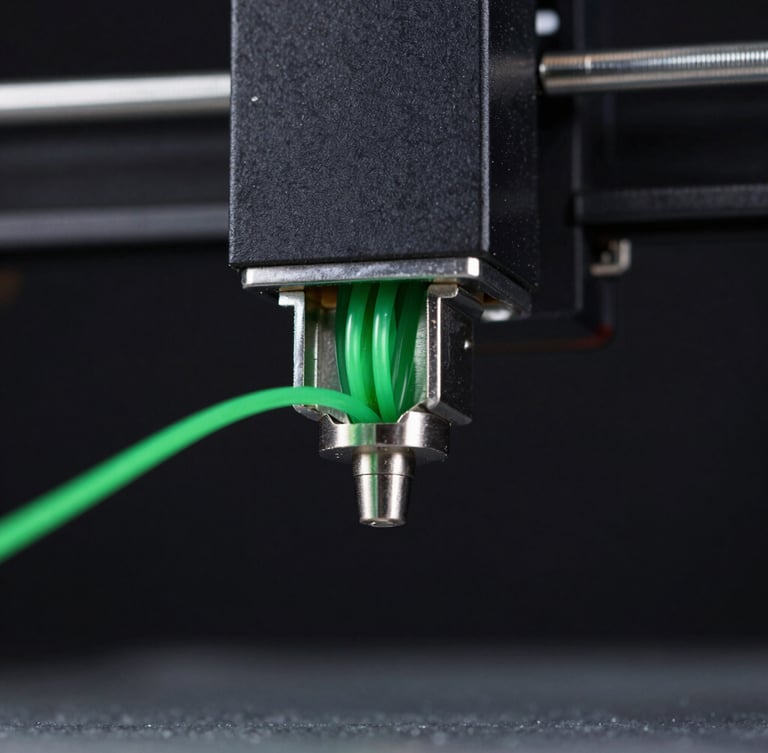 Extreme macro close-up of a 3D printer nozzle extruding bright green polymer filament, sharp focus, moody low-key studio lighting with key lights highlighting the metallic nozzle edge, dark background