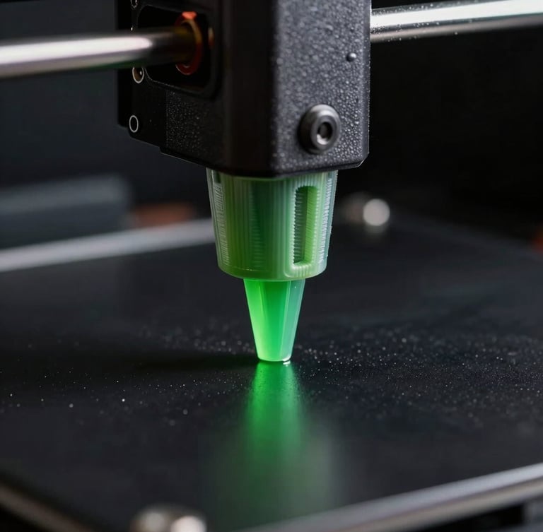 Extreme close-up of a 3D printer nozzle extruding toxic green filament onto a matte black bed, moody low-key studio lighting with sharp green reflections, highly detailed plastic texture.