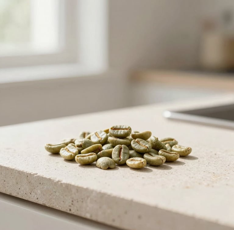 Tactile shots of raw green and roasted coffee beans on a light stone surface, soft morning side-light, clean minimalist kitchen framing