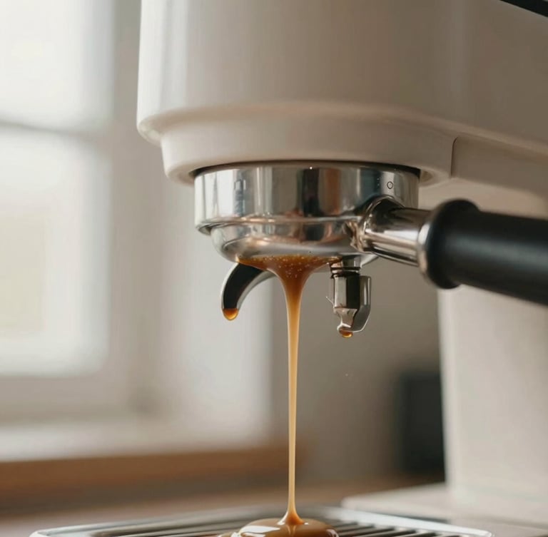 Close-up of espresso extraction with rich crema dripping from a bottomless portafilter, warm editorial photography, soft morning window light, shallow depth of field