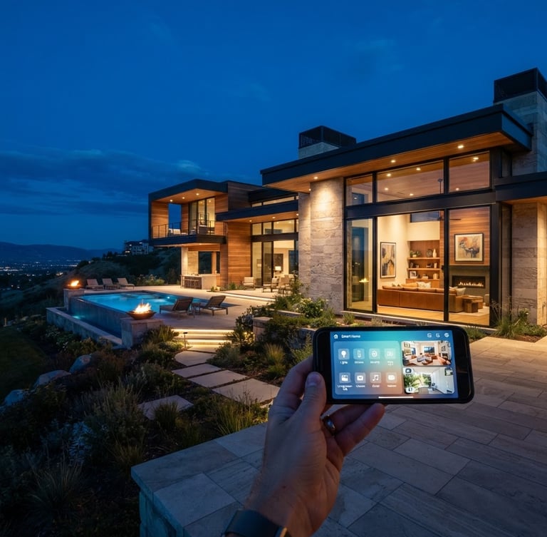 Wide shot of a modern luxury home exterior at twilight, architectural lighting illuminating the facade, a person's hand holding a smartphone with a smart home interface visible, subtle glow from inside the house, deep blue hour sky, sharp focus on the home's design.