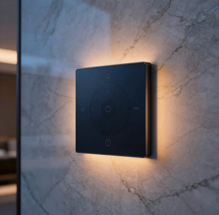 Close-up of a sleek, minimalist smart home control panel integrated into a high-end marble wall, light reflecting off the surface, architectural shadows, warm interior lighting.