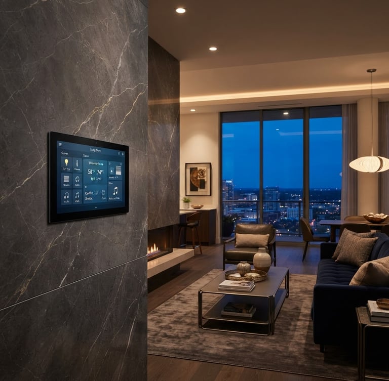 Interior de una residencia de lujo moderna al anochecer, con iluminación arquitectónica encendida. Un panel de control táctil elegante se integra discretamente en una pared de mármol, mostrando un ambiente cálido y sofisticado. El cielo azul crepuscular es visible a través de grandes ventanales.