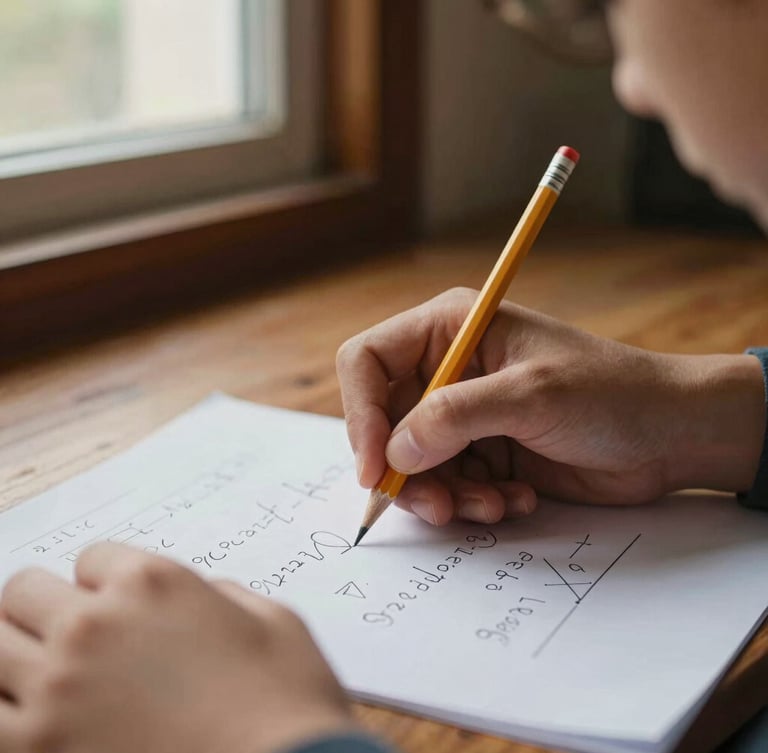 A close-up of a student's hands holding a pencil, drafting math formulas on paper under warm window light, shallow depth of field, 35mm documentary style