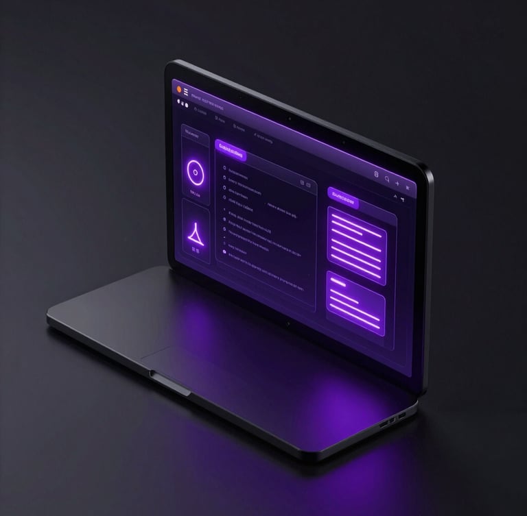 Sleek 3D device mockup showing a dark web interface with glowing electric violet accents, isometric angle, futuristic high-contrast studio light