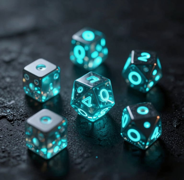 Cinematic 3d render of glowing neon cyan polyhedral dice on a dark obsidian surface, high contrast chiaroscuro, moody atmospheric lighting, dark fantasy digital art