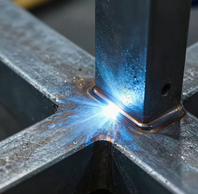 A close-up macro shot of a clean, uniform TIG weld bead on a heavy steel structural joint, cool blue industrial light casting sharp shadows on the metallic texture.