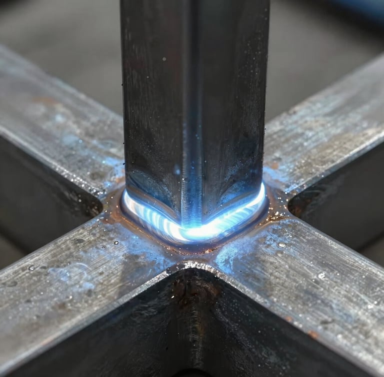 Close-up of a clean, uniform dual-shield MIG weld bead on a structural steel joint, cool blue arc light reflection, macro detail