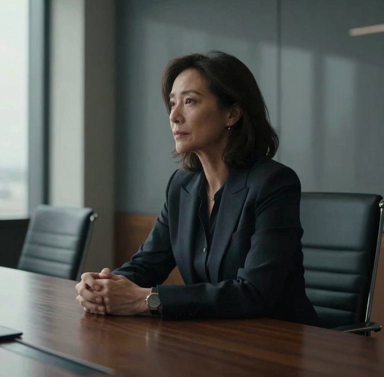 Cinematic editorial portrait of a focused 50-year-old female executive in a modern high-rise boardroom, natural side-lighting, rich desaturated tones, deep contrast, 35mm lens.
