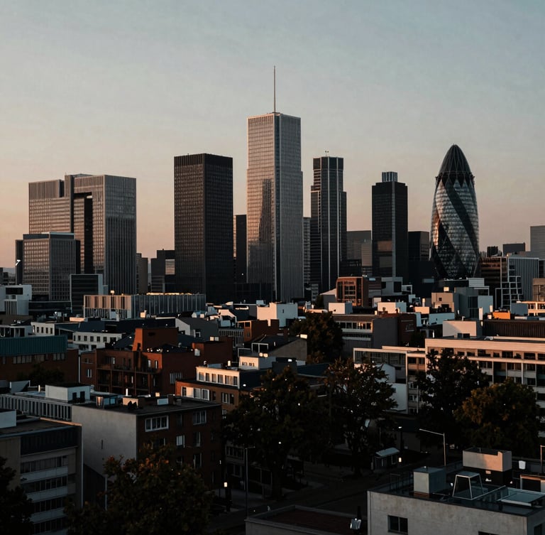 Wide environmental shot of a modern European city skyline at dusk, rich desaturated tones, high contrast, 35mm lens documentary style.