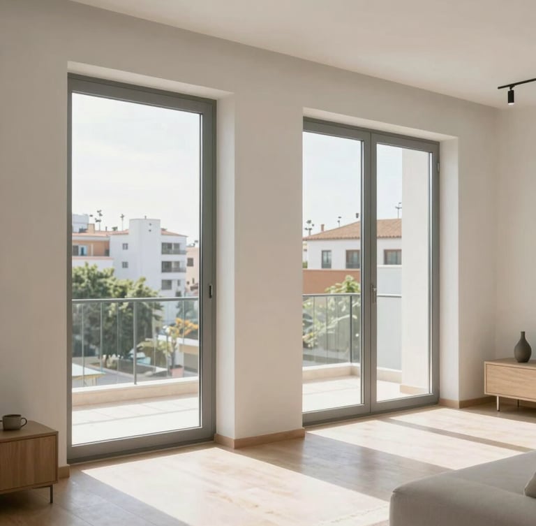 Bright modern Spanish living room with large double-glazed windows, morning sunlight casting soft shadows, clean architectural lines, 35mm photography