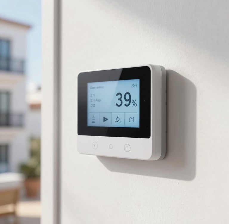 Close-up of a sleek modern smart thermostat mounted on a clean white wall, displaying a temperature reading, soft natural side lighting.