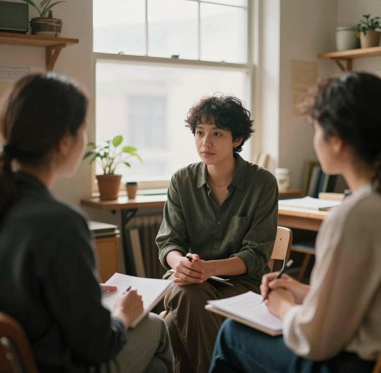 A collaborative 1:1 meeting between a business owner and a financial advisor in a warm, sunlit local workshop, natural window light, 35mm film style.
