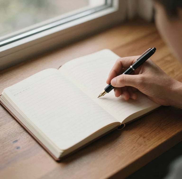 Overhead desk layout with a physical ledger, hands writing notes with a fountain pen, soft natural window light, warm editorial photography style